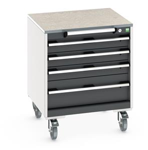 cubio mobile cabinet with 4 drawers & lino worktop. WxDxH: 650x650x790mm. RAL 7035/5010 or selected Bott Mobile Storage 650mm x 650mm Industrial Tool Trolleys